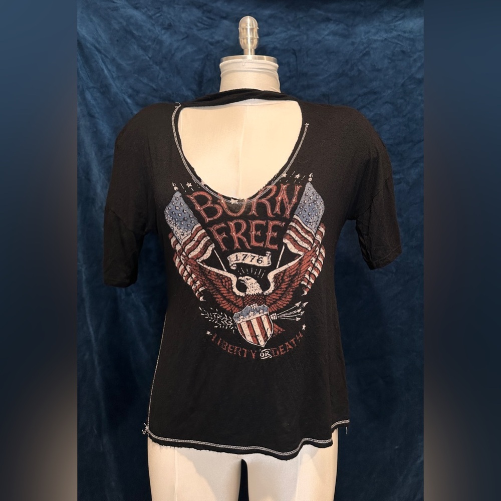 Sexy Black, Red & Blue V-Neck Blouse With “Born Free” Text